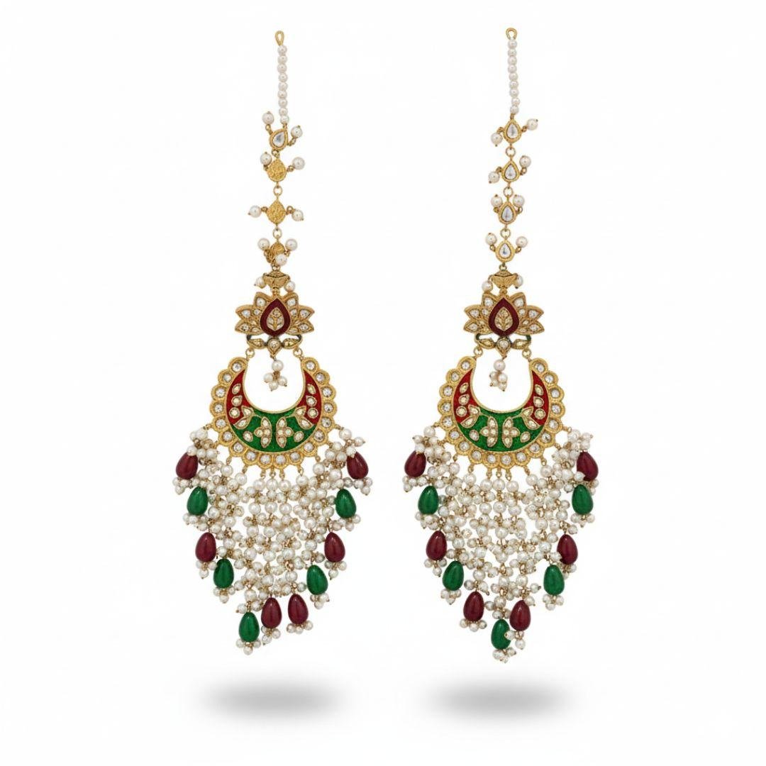 Emerald Ruby Chandbali Drops with Pearl Fringe