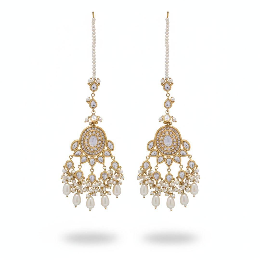 Large Multani Polki-Style Drop Earrings with Extensive Pearl Fringe