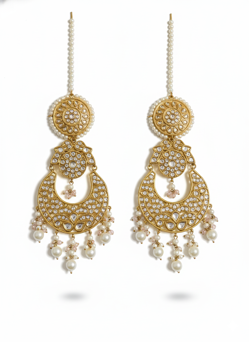 Multani Gold-Toned Chandbali Earrings with Kundan & Pearl Drops