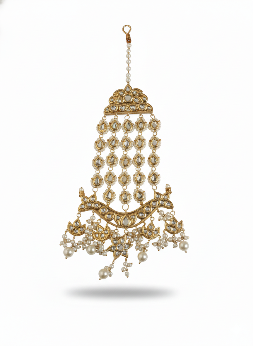 Multani Gold-Toned Jhapta with Kundan & Pearl Drops