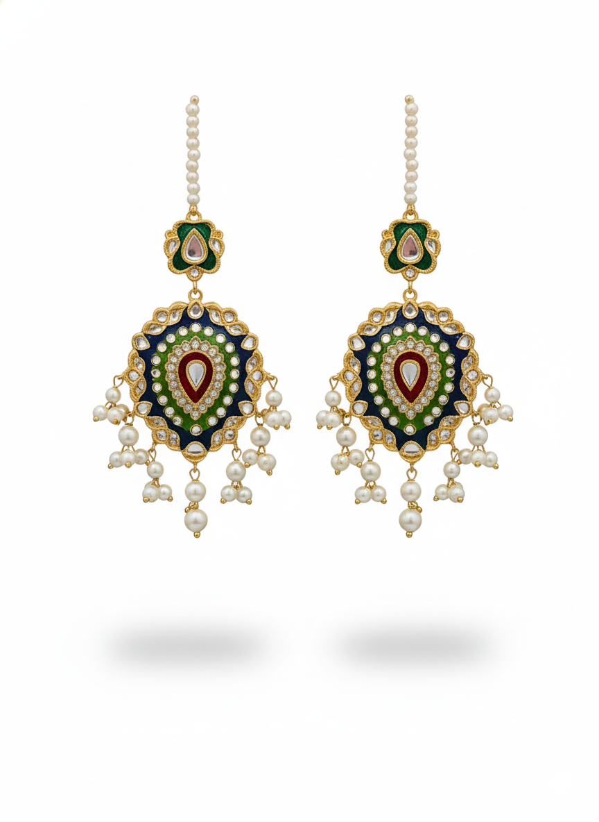 Multani Meenakari & Kundan Stud Earrings with Pearl Fringe