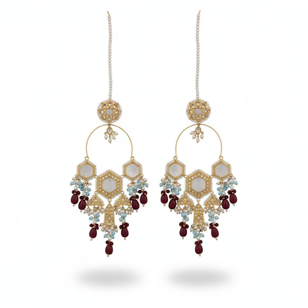 Multicolor Hexagon Chandbaali Earrings with Pearl Fringe