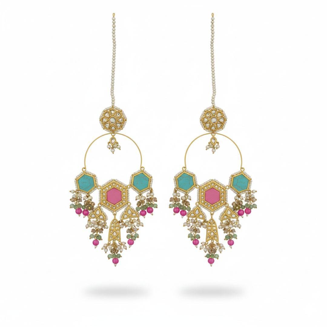 Pink and blue Hexagon Chandbaali Earrings with Pearl Fringe