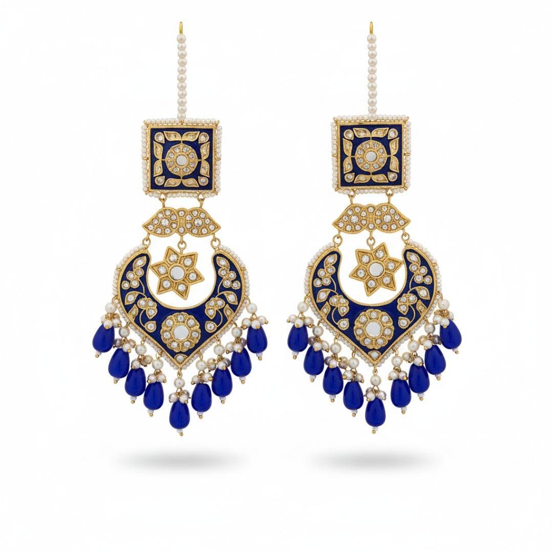 Royal Blue Multani Chandbali Earrings with Pearl Fringe