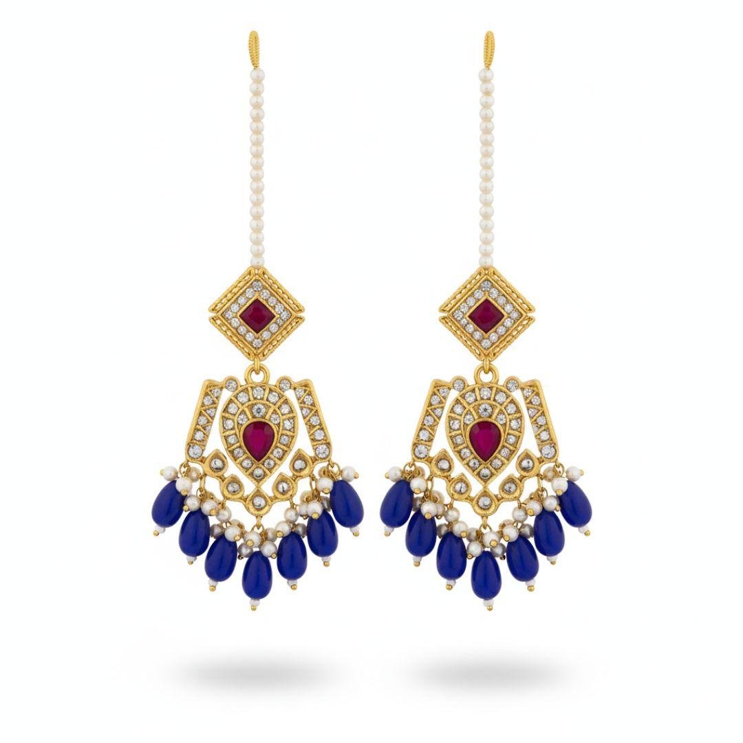 Royal Blue & Red Multani Kundan Drop Earrings with Pearl Fringe