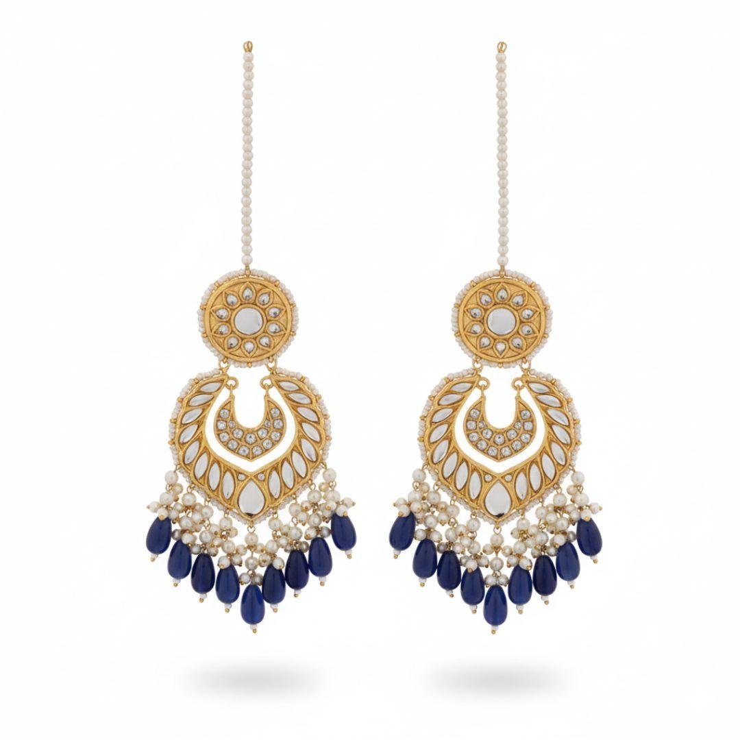 Sapphire Moon Drop Earrings with Pearl Fringe