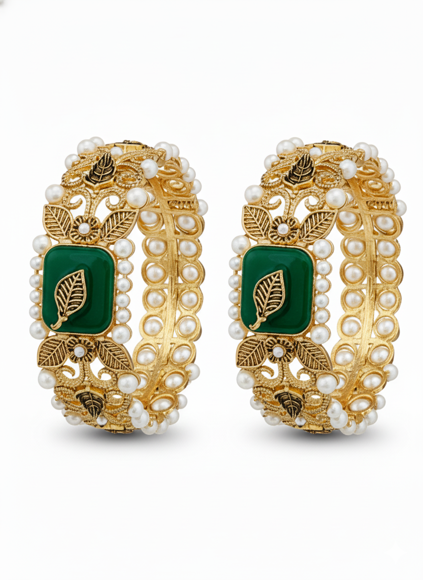 Traditional Multani Emerald Leaf & Pearl Bangles