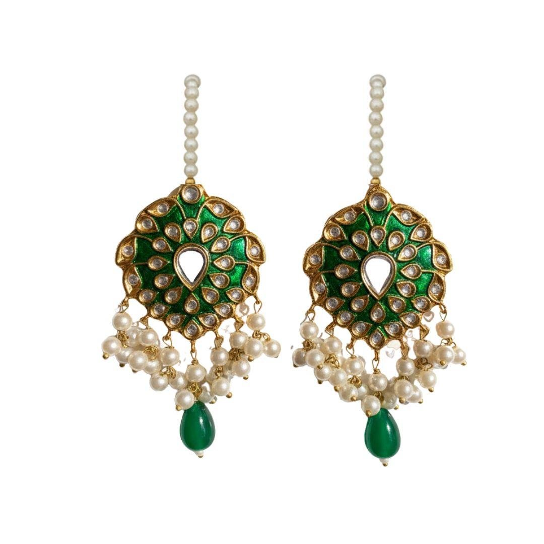 Traditional Pakistani Green Enamel & Kundan Jhumka Earrings