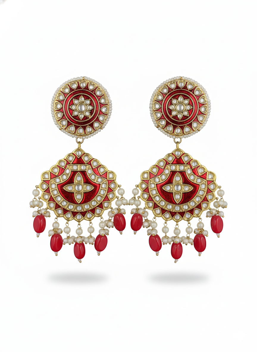 Traditional Pakistani Red Meenakari & Kundan Drop Jhumkas